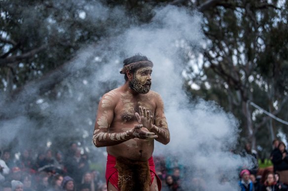 Djab Wurrung man DT Zellanach performing ceremony in front of the Grandfather tree at Djab Wurrung Embassy camp.