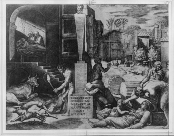 A line engraving by Marc Antonio Raimondi  shows the suffering of a town in Europe during the bubonic plague outbreak in the Middle Ages. Natural interest rates remained lower than normal in the wake of the outbreak.