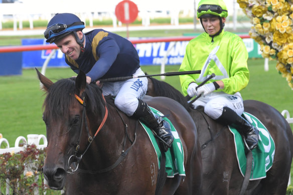 High hopes: Tommy Berry gives Baller a pat after combining to win the Spark Of Life Handicap.