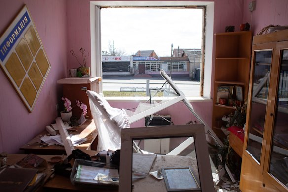A view of the village council building which got destroyed as a result of a rocket strike in the area earlier in Byshiv, Ukraine. Ukraine's military says it has made territorial gains in the wider Kyiv region, after Russia's advance on the capital had largely stalled in recent weeks. But intermittent shelling and missile strikes persist.