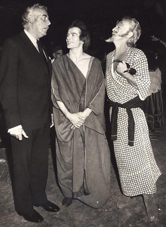 Gough Whitlam, left, leader of the Federal Australian Labor Party, talking with Rudolf Nureyev, centre, and Sir Robert Helpmann on the set of the Australian film production of the ballet Don Quixote during November 1972.