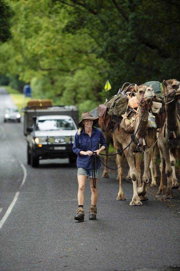 Sophie Matterson stops for a beer with her five camels at the Eltham pub in Northern NSW after nearly completing 5,000km coast-to-coast the walk from Australia's western-most point in Shark Bay, Western Australia, to the eastern-most point in Byron Bay, New South Wales pictured in Eltham on November 21 2021. 