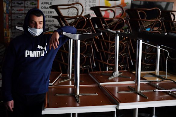 Cafe owner Sam Aldoumany at the Liverpool mall, as COVID restrictions tighten across Sydney.