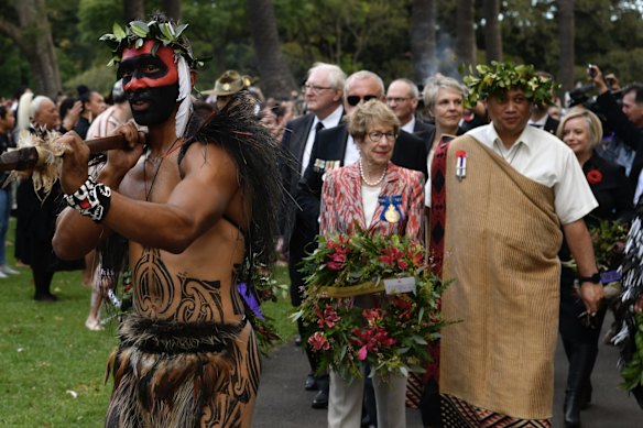 NSW Governor Margaret Beazley at a ceremony in Redfern Park where indigenous Australian and New Zealanders commemorated their contribution to war time, on ANZAC Day.