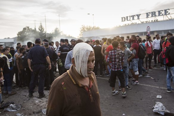 A refugee protestor who suffered a laceration to the head after being struck by a Hungarian police baton in Horgos after police responded with force against Refugees protesting on the Serbian/Hungarian border after the refugees pushed through the border fence into Hungary.