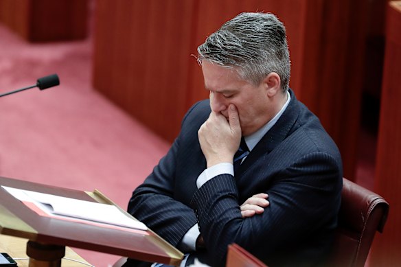 Finance Minister Mathias Cormann in the Senate on Wednesday. 