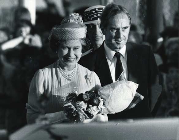 The Queen is welcomed by the Premier, John Cain, at Tullamarine.  1986
