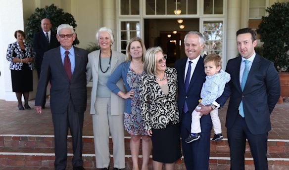 Prime Minister Malcolm Turnbull with his grandson Jack wife Lucy and his daughther Daisy son in law James Brown and parents in law Tom and Christine Hughes and at Government House in Canberra on Tuesday 15 September 2015. 