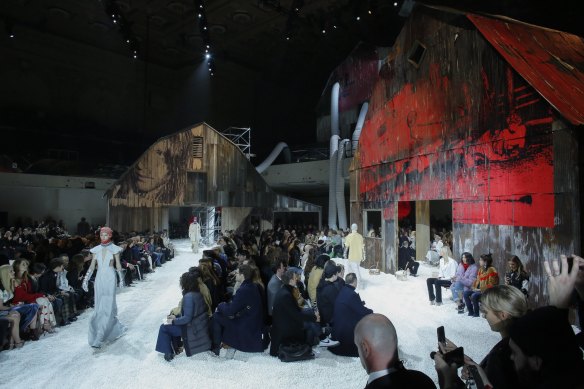 The Calvin Klein runway was made to look like a giant movie set inside the American Stock Exchange building in New York City.