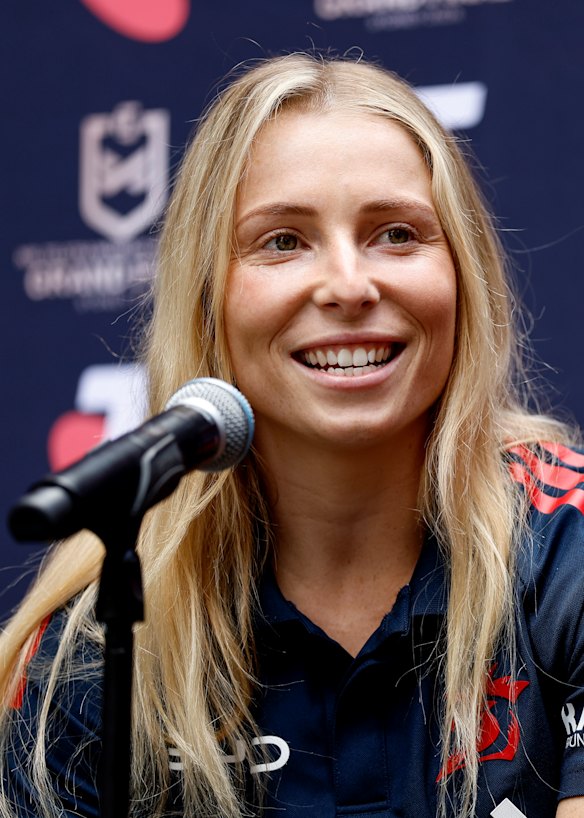 Tarryn Aiken speaks at a grand final fan day on Friday.