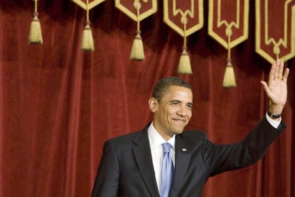 Barack Obama waves before delivering his speech in Cairo.