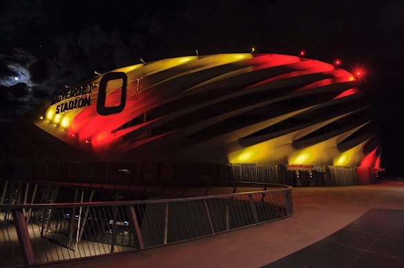 Nagyardei Stadium is illuminated with the Belgian national colours in Debrecen, 226 kms east of Budapest, Hungary.