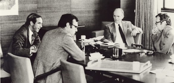 L-R: Opposition Leader, John Cain, Age colunmist, Geoffrey Barker, the Premier of Victoria, Mr Lindsay Thompson and the editor of The Age, Creighton Burns, 1982, debating the issues prior to election.
