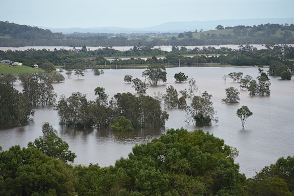 Paddocks under water as the Richmond River levels continue to rise near the town of Woodburn, NSW, on Saturday.