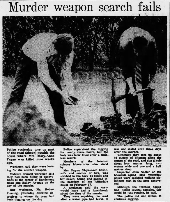 Newspaper clipping from 1978 about a search to recover the knife used to murder Mary Anne Fagan. 