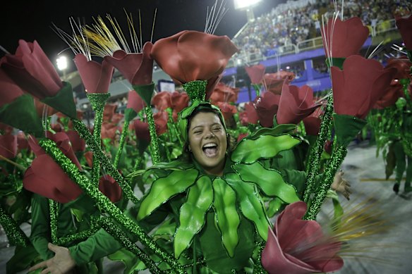 A performer from the Imperio Serrano samba school parades during Carnival celebrations at the sambadrome in Rio de Janeiro.