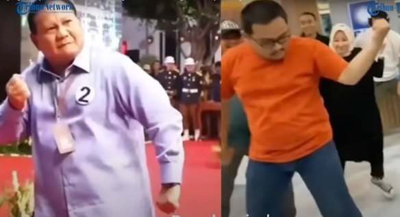 Once an authoritarian: Prabowaw Subianto, the former Indonesian army general (left), seeks a rebrand.  Young people who have little memory of the past are now imitating his distinctive dance moves.