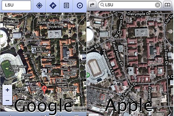 "My classes are in what building again? jokes "The Amazing iOS 6 Maps". Google Maps lists the names of Louisiana State University buildings. Apples Maps does not.