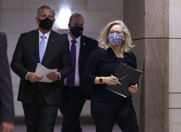 Public differences: Representative Liz Cheney, right, the House Republican Conference chair, is joined by House Minority Leader Kevin McCarthy, left. 