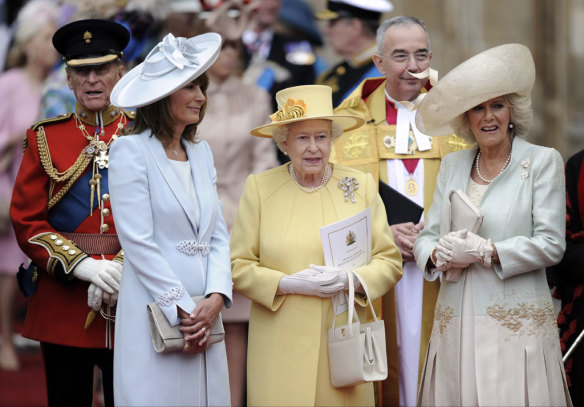 Prince Phillip, Carole Middleton, Britain's Queen Elizabeth II and Camilla, Duchess of Cornwall stand outside of Westminster Abbey after Prince William and Catherine, the Duchess of Cambridge's wedding.