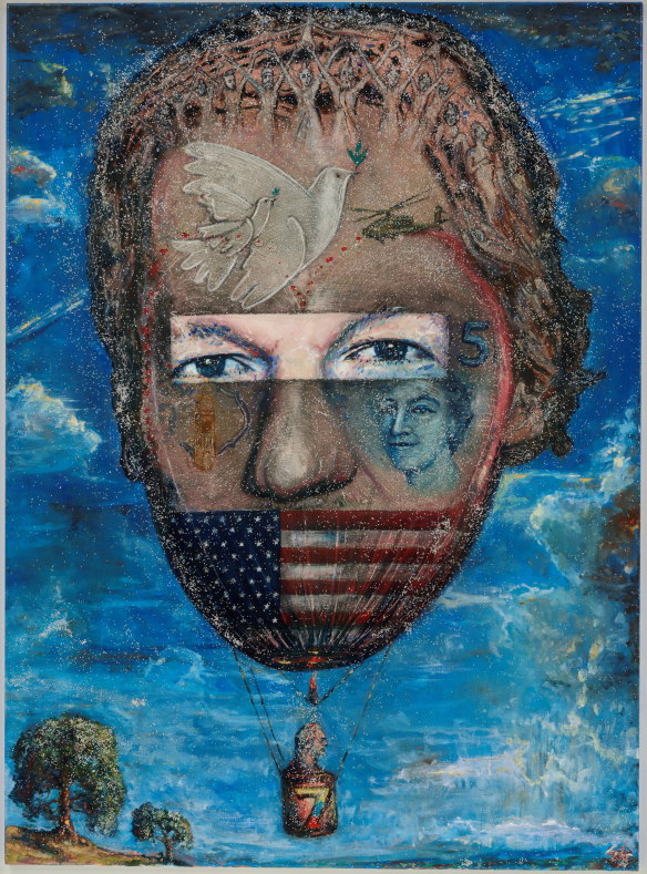 Shaun Gladwell’s ‘A spangled symbolist portrait of Julian Assange floating in reflection’.