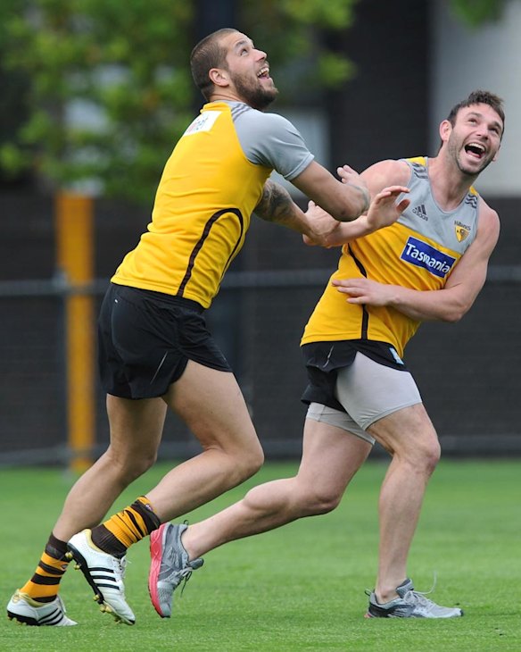 Happy Hawk: Lance Franklin joins Brent Guerra in the Hawthorn recovery session, 9th September 2013.