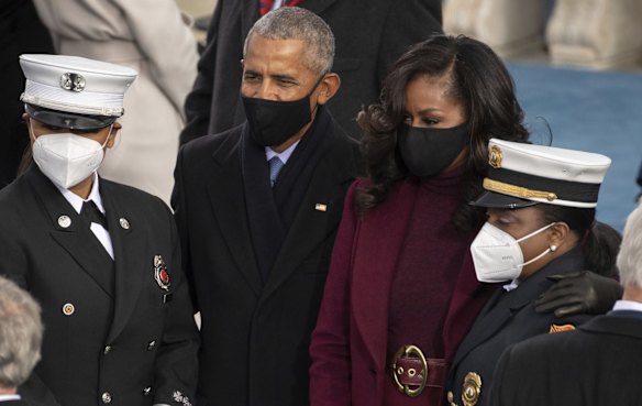 Former President Barack Obama and his wife Michelle arrive for the inauguration ceremonies of Joe Biden as the 46th President on Wednesday, Jan. 20, 2021, at the U.S. Capitol in Washington.  