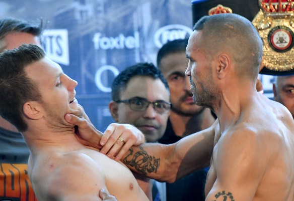Fired up: Jeff Horn and Anthony Mundine clash in Brisbane.