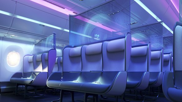 Another design on the awards shortlist aimed to improve social distancing on planes without reducing the overall number of seats. British designers PriestmanGoode's "Pure Skies" concept uses partitions in both business and economy class to create better separation between passengers.