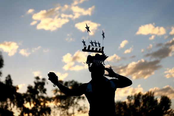 Performers from Muakgau Lak Gubau Gizu (Thursday Island) during the opening ceremony of the First Nations National Convention held in Uluru, at the Mutitjulu community.