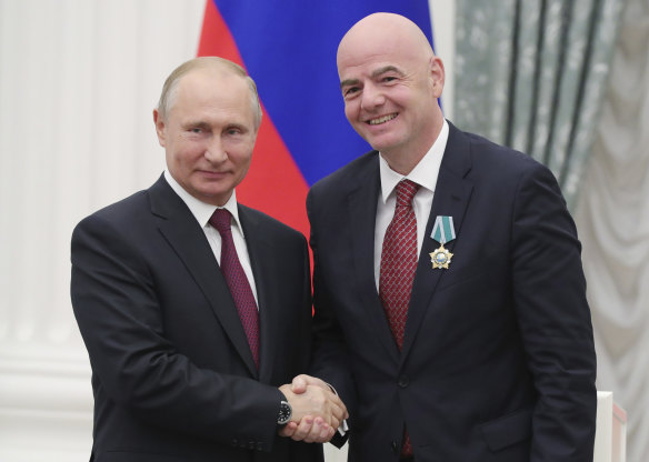 Russian President Vladimir Putin with FIFA President Gianni Infantino in 2019.