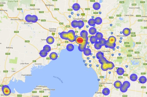 Heat map of where Millennial home buyers in Melbourne are considering buying property.