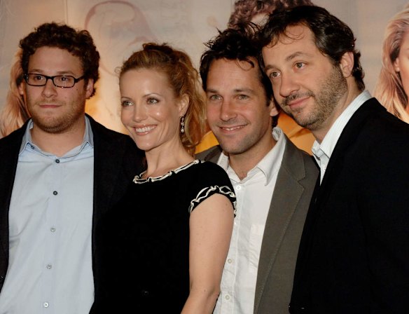 Harold Ramis teamed up again with director Judd Apatow (right) to have small role as Seth Rogen's (left) dad in <i>Knocked Up</i>, which also starred Leslie Mann and Paul Rudd.