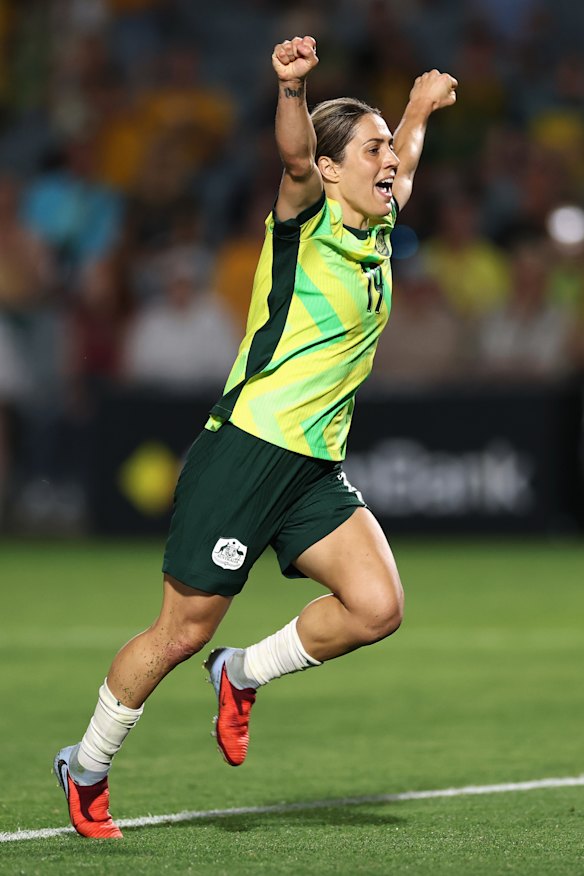 Gorry celebrates the Matildas fifth goal. 