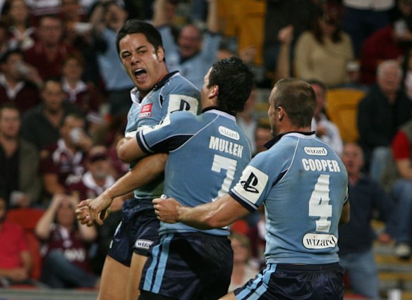 The Hayne Plane: Jarryd Hayne celebrates his State of Origin try in 2007 which was controversially overruled after the video referee ruled he'd scraped the sideline.