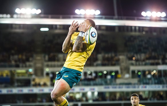 Wallabies fullback Israel Folau makes a rare mistake under the high ball during the Rugby Championship's fourth round clash between Australia and Argentina at Canberra Stadium. 