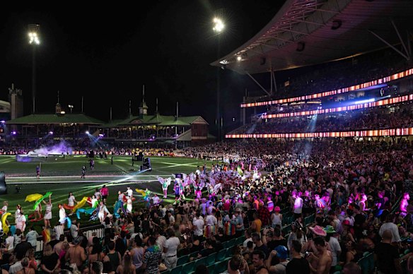 Participants are seen during the march in the annual Gay and Lesbian Mardi Gras parade at the Sydney Cricket Ground.  
