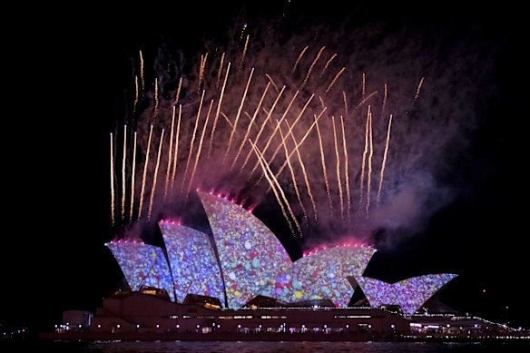The Sydney Opera House sails are lit up for the opening night of Vivid 2022. 