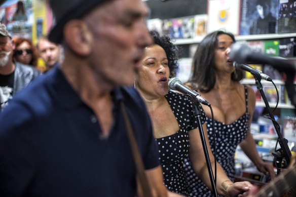Paul Kelly performs with Vika and Linda at Greville Records as part of World Record Day celebrations on April 18, 2015 in Melbourne, Australia.