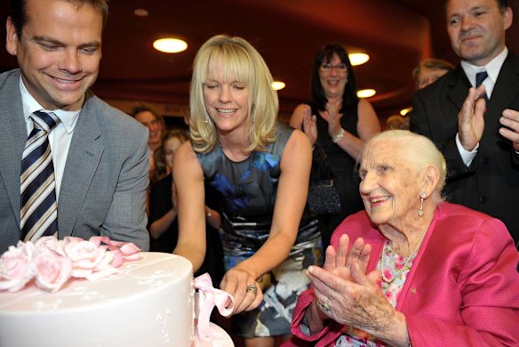 Dame Elisabeth Murdoch with her grandson Lachlan and granddaughter Elisabeth  at her 103rd birthday celebrations at The Melbourne Recital Centre on February 8, 2012.