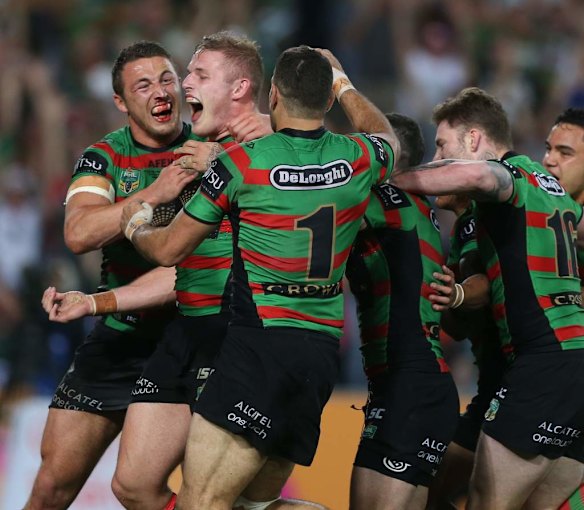 George Burgess scores for the Rabbitohs during the  2014 NRL Grand Final.