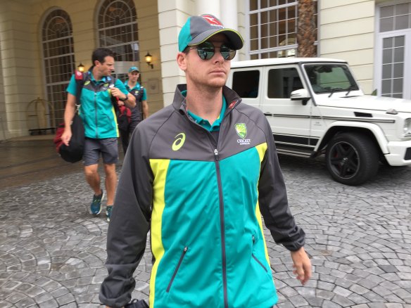 Steve Smith leaves his Cape Town hotel the morning after the ball-tampering scandal broke.