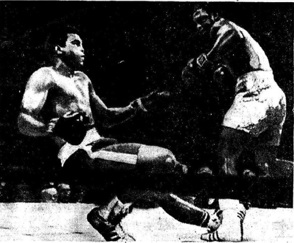 “(Clay) was caught by a thunderous left hook from Frazier a fraction of a second before the picture immediately above was taken from another side of the ring.” From the Sydney Morning Herald, March 10, 1971