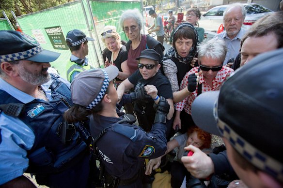 Anti Westconnex protestors clash with police and are forceably removed at Sydney Park in St. Peters.