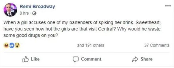 Gold Coast bar owner Remi Broadway jokes about a drink spiking complaint.