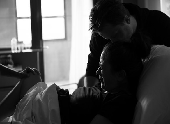 Michael Box supports Lea Fenton during her labour at the Royal Hospital for Women in Randwick, Sydney. 