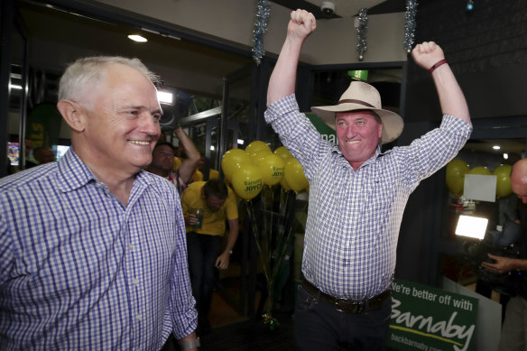 December 2, 2017: Malcolm Turnbull and Barnaby Joyce arrive at the Nationals New England byelection function to celebrate the results.