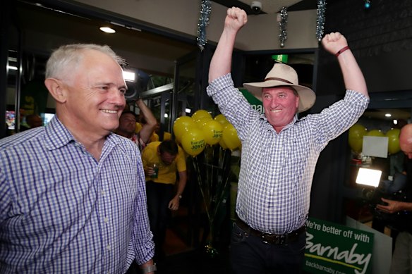 December 2, 2017: Malcolm Turnbull and Barnaby Joyce arrive at the Nationals New England byelection function to celebrate the results.