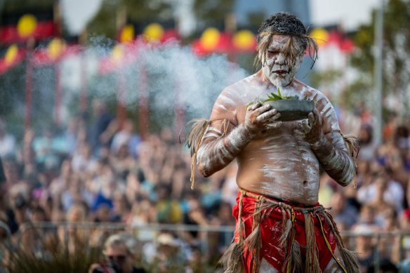 Indigenous dancers at the Australia Day ceremony, Barangaroo Reserve, Sydney.