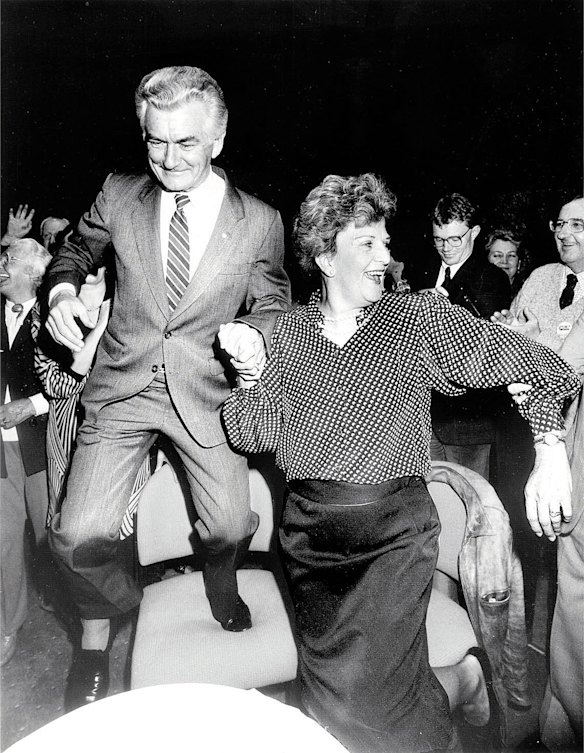Prime Minister Bob Hawke celebrates his election win with wife Hazel in the ballroom at the Hyatt on Collins, Melbourne. 12th of July 1987. 